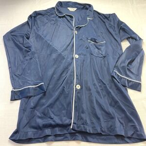 VTG JC Penny Satin Navy Blue Nylon Pajama‎ Top XL 46 48 White Trim Button Down